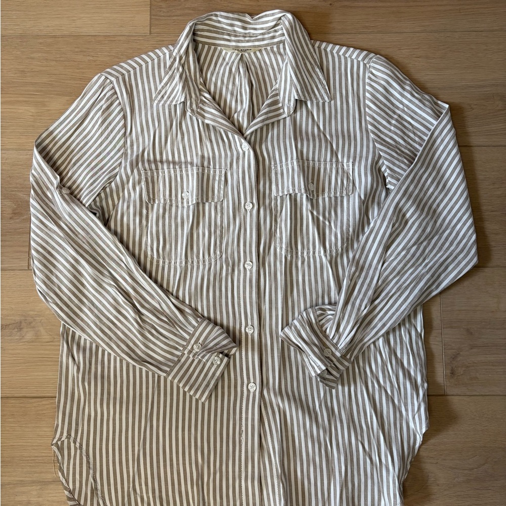Max Studio Tan and White Striped Long-Sleeve Button-Up Shirt